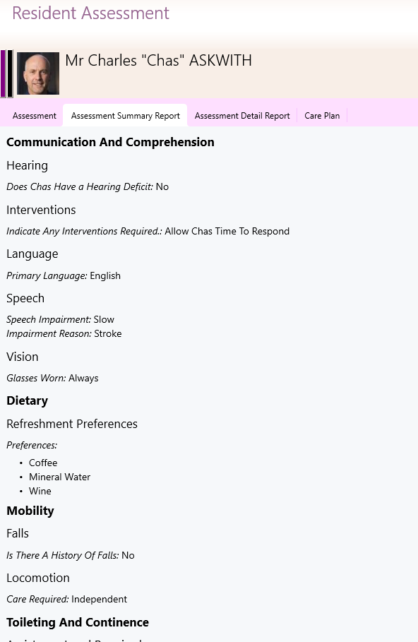 GSO Care Aged Care Software Resident Assessment Summary