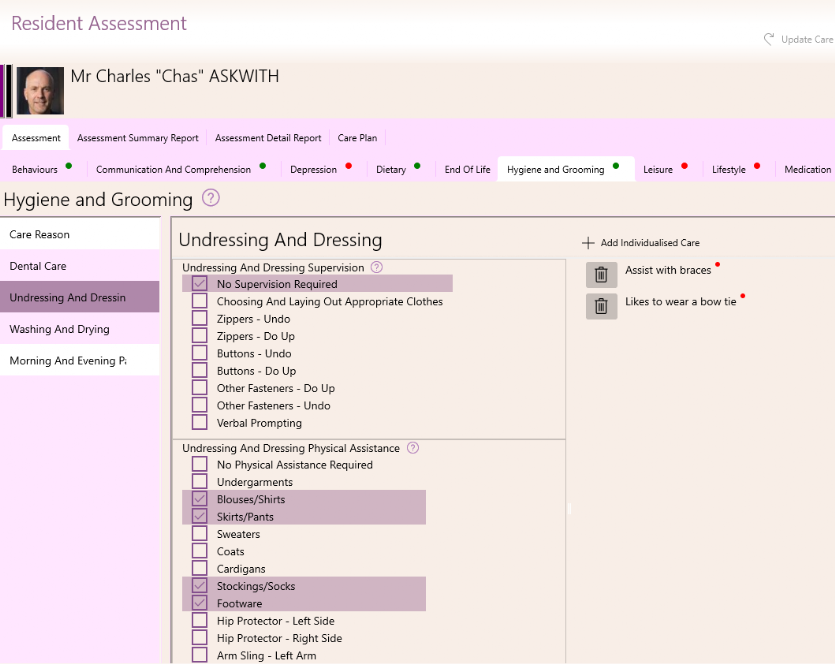 GSO Care Aged Care Software Resident Assessment - Hygiene And Dressing